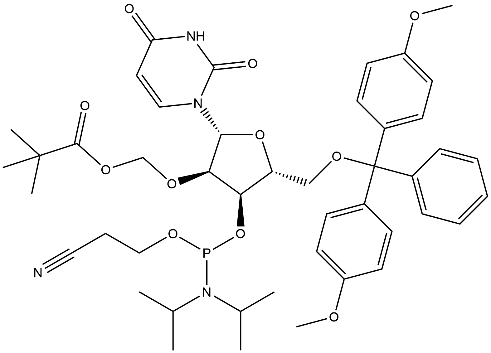 Uridine, 5'-O-[bis(4-methoxyphenyl)phenylmethyl]-2'-O-[(2,2-dimethyl-1-oxopropoxy)methyl]-, 3'-[2-cyanoethyl N,N-bis(1-methylethyl)phosphoramidite] Struktur