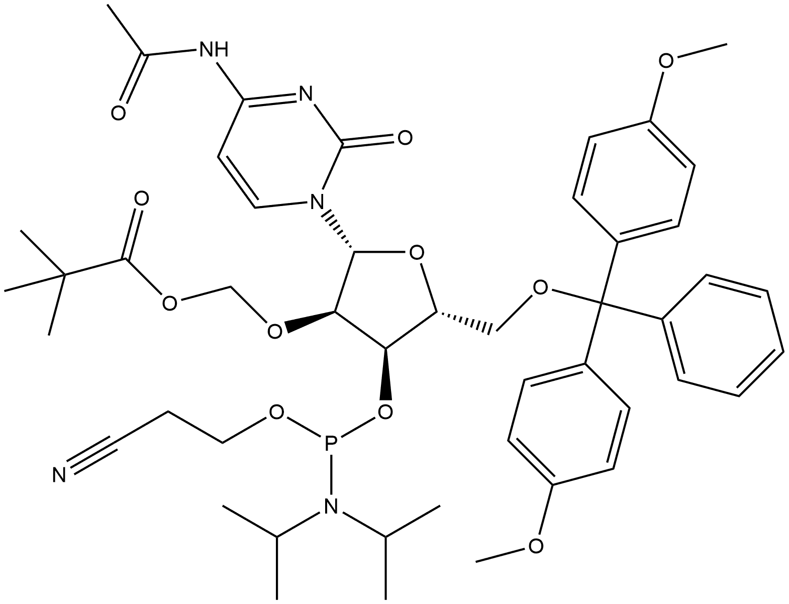 Cytidine, N-acetyl-5′-O-[bis(4-methoxyphenyl)phenylmethyl]-2′-O-[(2,2-dimethyl-1-oxopropoxy)methyl]-, 3′-[2-cyanoethyl N,N-bis(1-methylethyl)phosphoramidite] Struktur