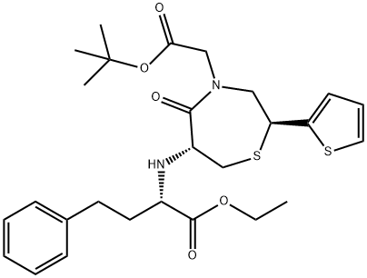 1,4-Thiazepine-4(5H)-acetic acid, 6-[[(1S)-1-(ethoxycarbonyl)-3-phenylpropyl]amino]tetrahydro-5-oxo-2-(2-thienyl)-, 1,1-dimethylethyl ester, (2S,6R)- Struktur