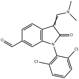 1H-Indole-6-carboxaldehyde, 1-(2,6-dichlorophenyl)-3-[(dimethylamino)methylene]-2,3-dihydro-2-oxo- Struktur