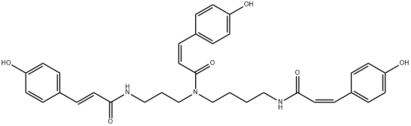 2-Propenamide, 3-(4-hydroxyphenyl)-N-[4-[[(2Z)-3-(4-hydroxyphenyl)-1-oxo-2-propen-1-yl]amino]butyl]-N-[3-[[(2E)-3-(4-hydroxyphenyl)-1-oxo-2-propen-1-yl]amino]propyl]-, (2Z)- Struktur