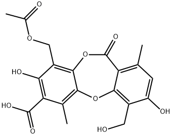 11H-Dibenzo[b,e][1,4]dioxepin-7-carboxylic acid, 9-[(acetyloxy)methyl]-3,8-dihydroxy-4-(hydroxymethyl)-1,6-dimethyl-11-oxo- Struktur