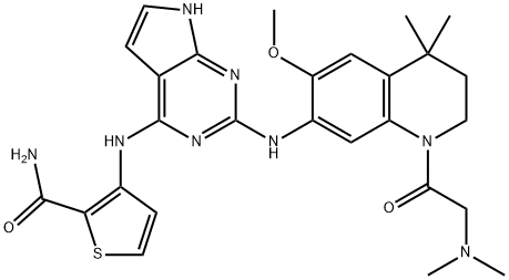 2-Thiophenecarboxamide, 3-[[2-[[1-[2-(dimethylamino)acetyl]-1,2,3,4-tetrahydro-6-methoxy-4,4-dimethyl-7-quinolinyl]amino]-7H-pyrrolo[2,3-d]pyrimidin-4-yl]amino]- Struktur