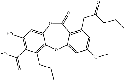 11H-Dibenzo[b,e][1,4]dioxepin-7-carboxylic acid, 8-hydroxy-3-methoxy-11-oxo-1-(2-oxopentyl)-6-propyl- Struktur