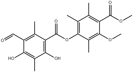 Benzoic acid, 3-formyl-4,6-dihydroxy-2,5-dimethyl-, 3-methoxy-4-(methoxycarbonyl)-2,5,6-trimethylphenyl ester Struktur