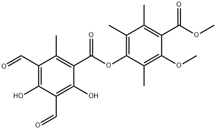 Benzoic acid, 3,5-diformyl-2,4-dihydroxy-6-methyl-, 3-methoxy-4-(methoxycarbonyl)-2,5,6-trimethylphenyl ester Struktur