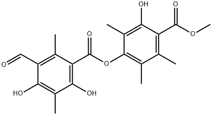 Benzoic acid, 3-formyl-4,6-dihydroxy-2,5-dimethyl-, 3-hydroxy-4-(methoxycarbonyl)-2,5,6-trimethylphenyl ester Struktur