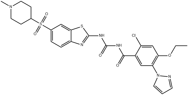 Benzamide, 2-chloro-4-ethoxy-N-[[[6-[(1-methyl-4-piperidinyl)sulfonyl]-2-benzothiazolyl]amino]carbonyl]-5-(1H-pyrazol-1-yl)- Struktur