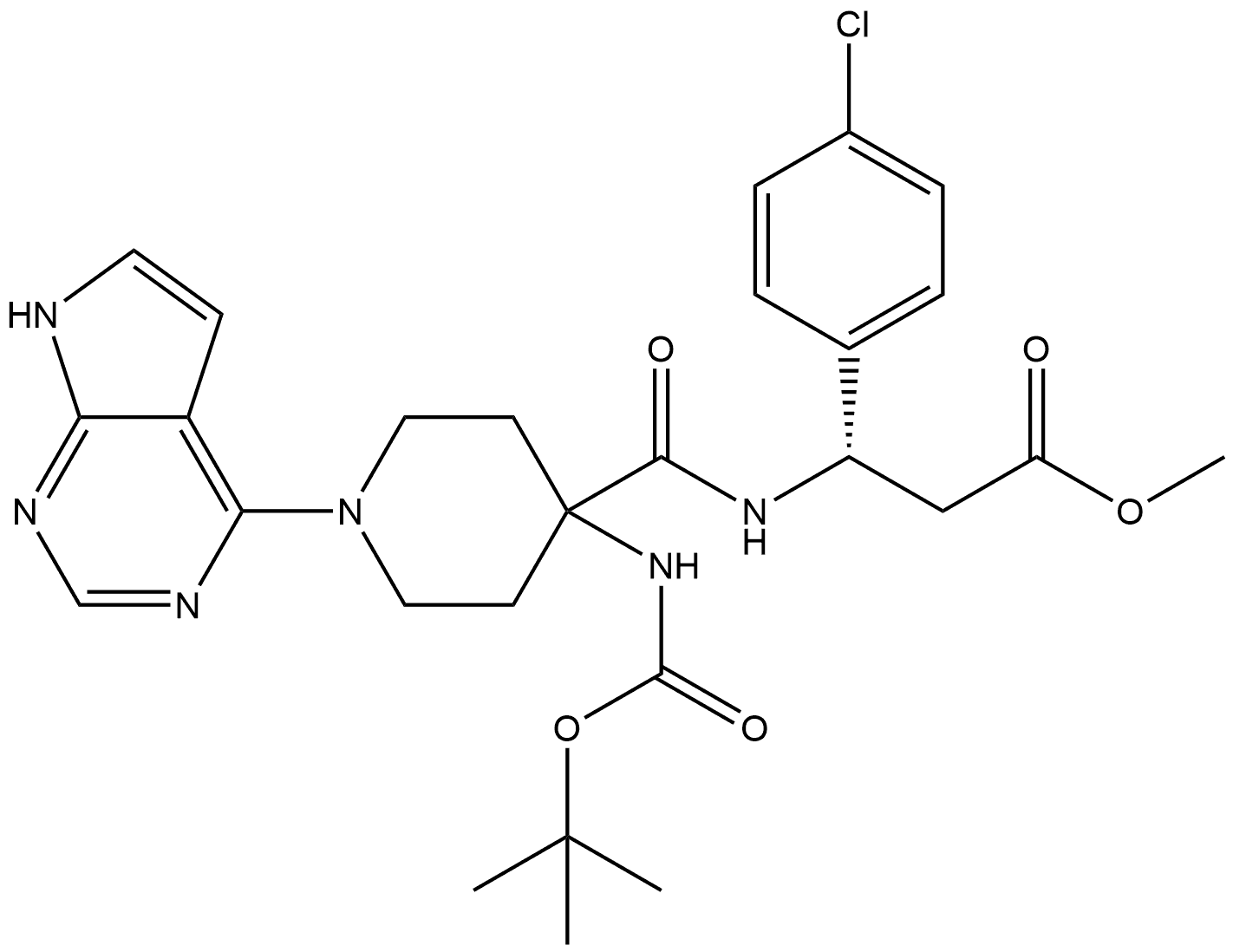 Benzenepropanoic acid, 4-chloro-β-[[[4-[[(1,1-dimethylethoxy)carbonyl]amino]-1-(7H-pyrrolo[2,3-d]pyrimidin-4-yl)-4-piperidinyl]carbonyl]amino]-, methyl ester, (βS)- Struktur