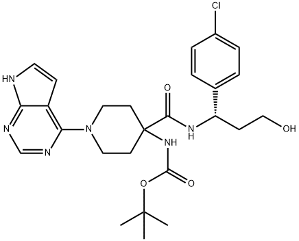 Carbamic acid, N-[4-[[[(1S)-1-(4-chlorophenyl)-3-hydroxypropyl]amino]carbonyl]-1-(7H-pyrrolo[2,3-d]pyrimidin-4-yl)-4-piperidinyl]-, 1,1-dimethylethyl ester Struktur