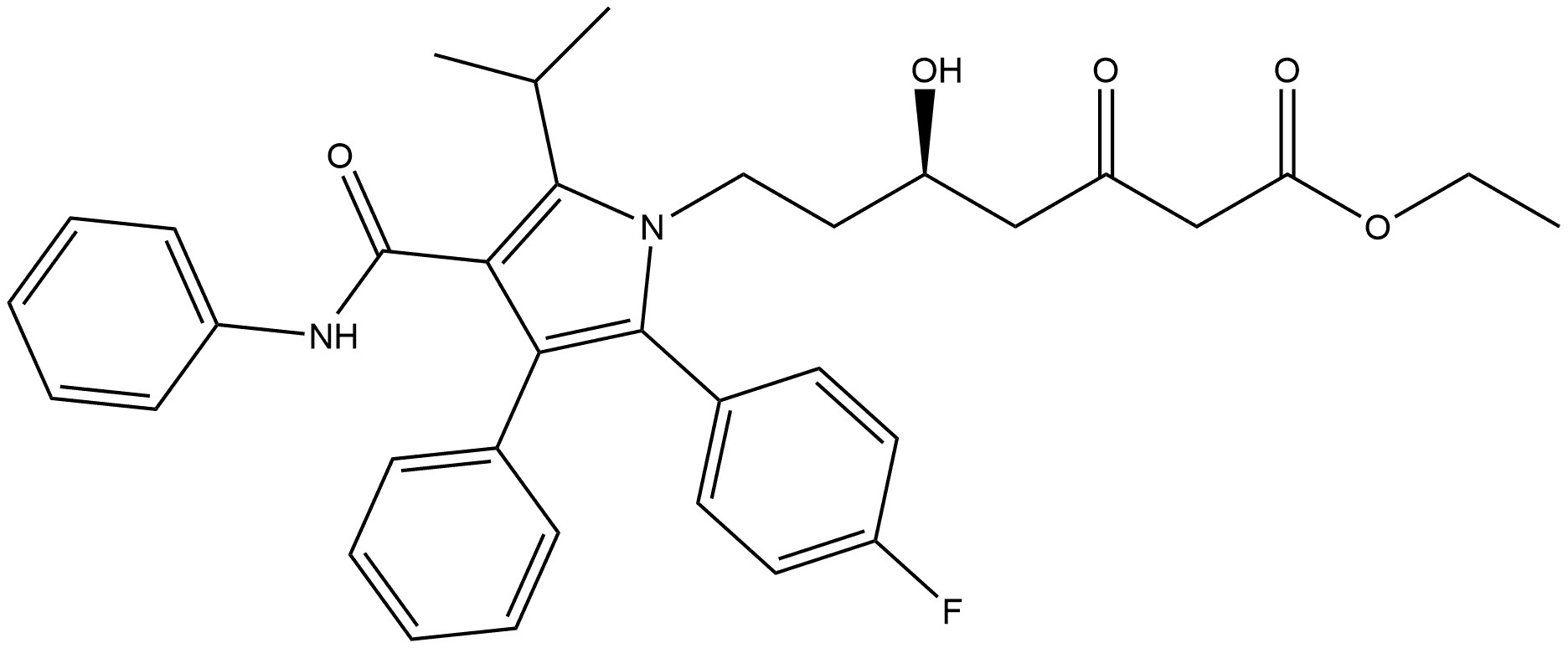 1H-Pyrrole-1-heptanoic acid, 2-(4-fluorophenyl)-δ-hydroxy-5-(1-methylethyl)-β-oxo-3-phenyl-4-[(phenylamino)carbonyl]-, ethyl ester, (δR)- Struktur