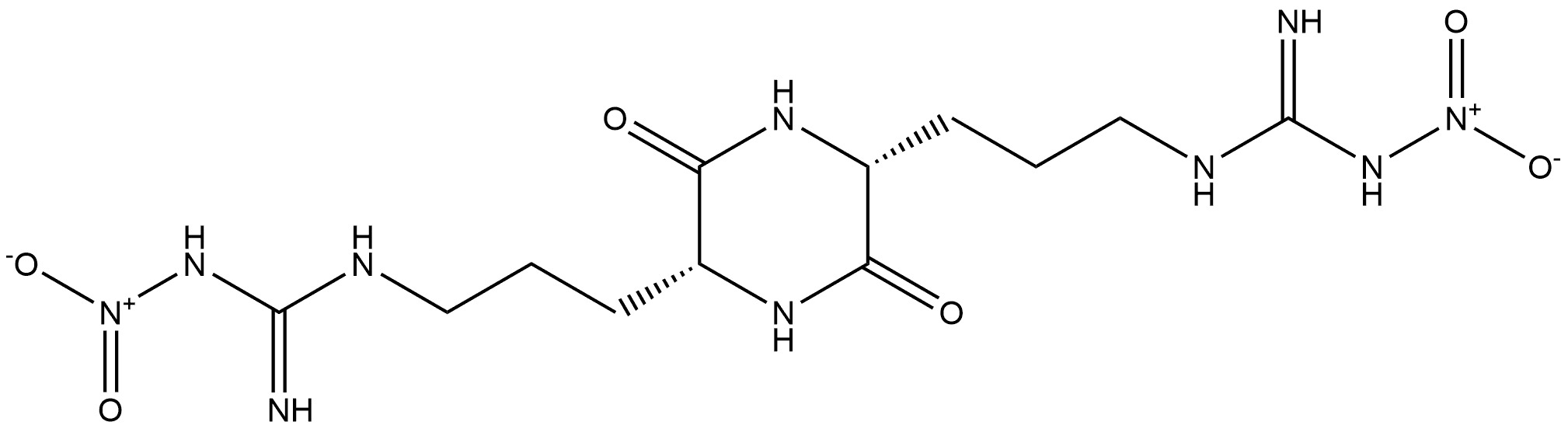 Guanidine, N,N'''-[(3,6-dioxo-2,5-piperazinediyl)di-3,1-propanediyl]bis[N'-nitro-, (3S-cis)- (9CI) Struktur