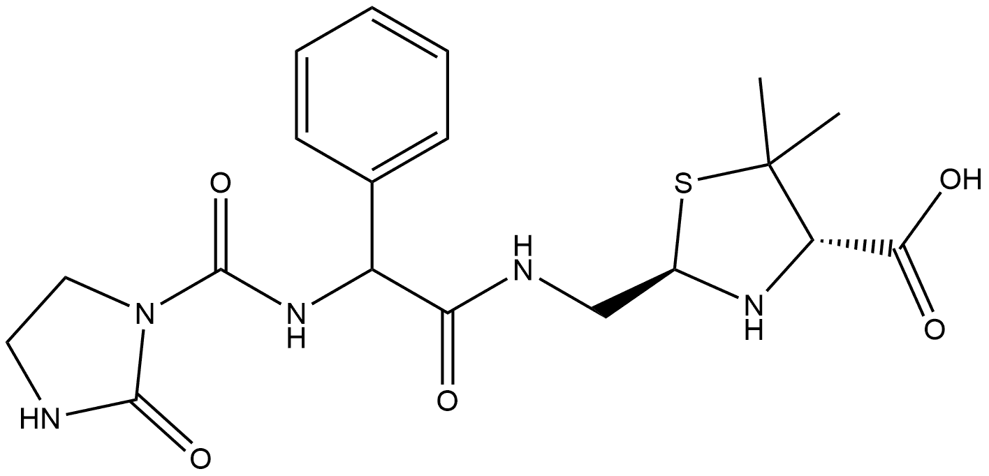 4-Thiazolidinecarboxylic acid, 5,5-dimethyl-2-[[[[[(2-oxo-1-imidazolidinyl)carbonyl]amino]phenylacetyl]amino]methyl]-, [2R-[2α(R*),4β]]- (9CI) Struktur