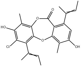 11H-Dibenzo[b,e][1,4]dioxepin-11-one, 7-chloro-3,8-dihydroxy-4,9-dimethyl-1,6-bis(1-methyl-1-propenyl)- (9CI) Struktur