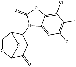 2-(5,7-dichloro-6-methyl-2-sulfanylidene-1,3-benzoxazol-3-yl)-6,8-dioxabicyclo[3.2.1]octan-4-one Struktur