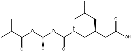 Hexanoic acid, 5-methyl-3-[[[[(1R)-1-(2-methyl-1-oxopropoxy)ethoxy]carbonyl]amino]methyl]-, (3S)- Struktur