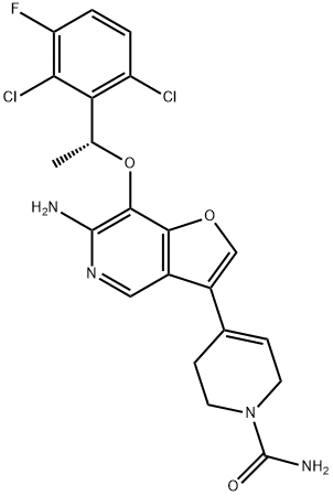 1(2H)-Pyridinecarboxamide, 4-[6-amino-7-[(1R)-1-(2,6-dichloro-3-fluorophenyl)ethoxy]furo[3,2-c]pyridin-3-yl]-3,6-dihydro- Struktur