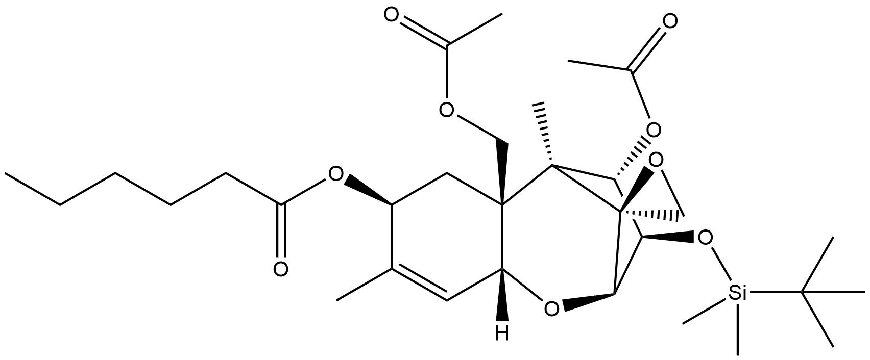 Trichothec-9-ene-4,8,15-triol, 3-[[(1,1-dimethylethyl)dimethylsilyl]oxy]-12,13-epoxy-, 4,15-diacetate 8-hexanoate, (3α,4β,8α)- (9CI) Struktur