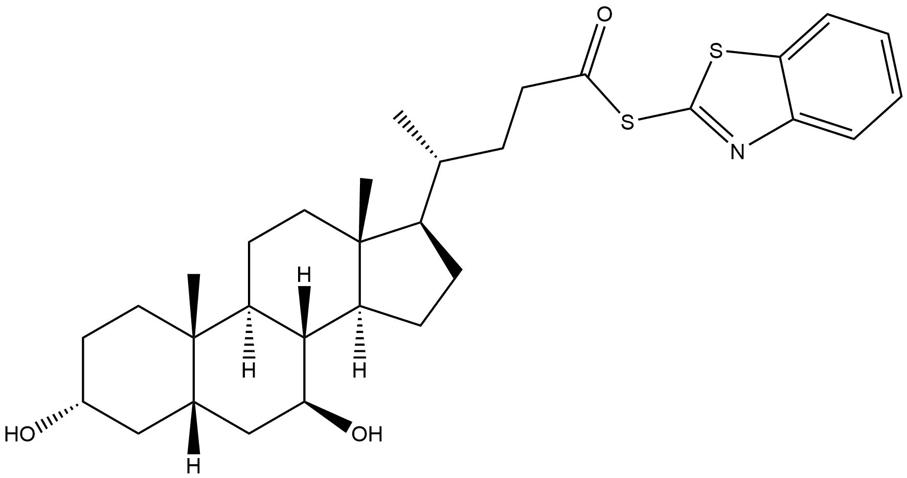 Cholane-24-thioic acid, 3,7-dihydroxy-, S-2-benzothiazolyl ester, (3α,5β,7β)- Struktur