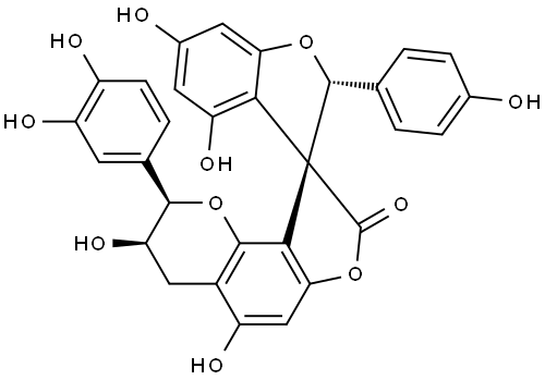 Spiro[benzofuran-3(2H),9'(8'H)-[2H]furo[2,3-h][1]benzopyran]-8'-one, 2'-(3,4-dihydroxyphenyl)-3',4'-dihydro-3',4,5',6-tetrahydroxy-2-(4-hydroxyphenyl)-, (2R,2'R,3S,3'R)- Struktur