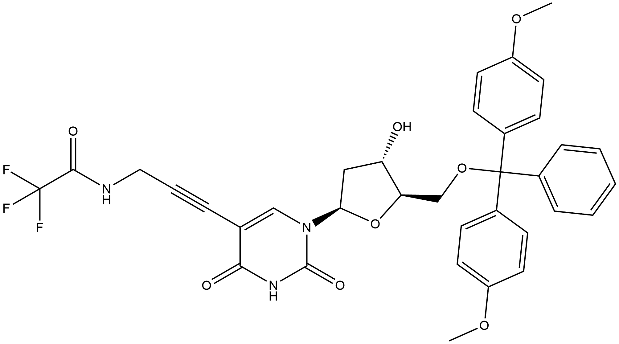 Uridine, 5'-O-[bis(4-methoxyphenyl)phenylmethyl]-2'-deoxy-5-[3-[(trifluoroacetyl)amino]-1-propyn-1-yl]- Struktur