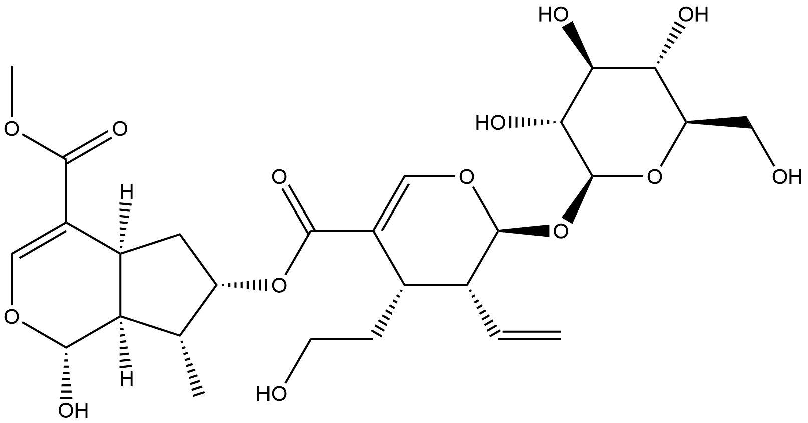 Cyclopenta[c]pyran-4-carboxylic acid, 6-[[[(2S,3R,4S)-3-ethenyl-2-(β-D-glucopyranosyloxy)-3,4-dihydro-4-(2-hydroxyethyl)-2H-pyran-5-yl]carbonyl]oxy]-1,4a,5,6,7,7a-hexahydro-1-hydroxy-7-methyl-, methyl ester, (1R,4aS,6S,7R,7aS)- (9CI) Struktur