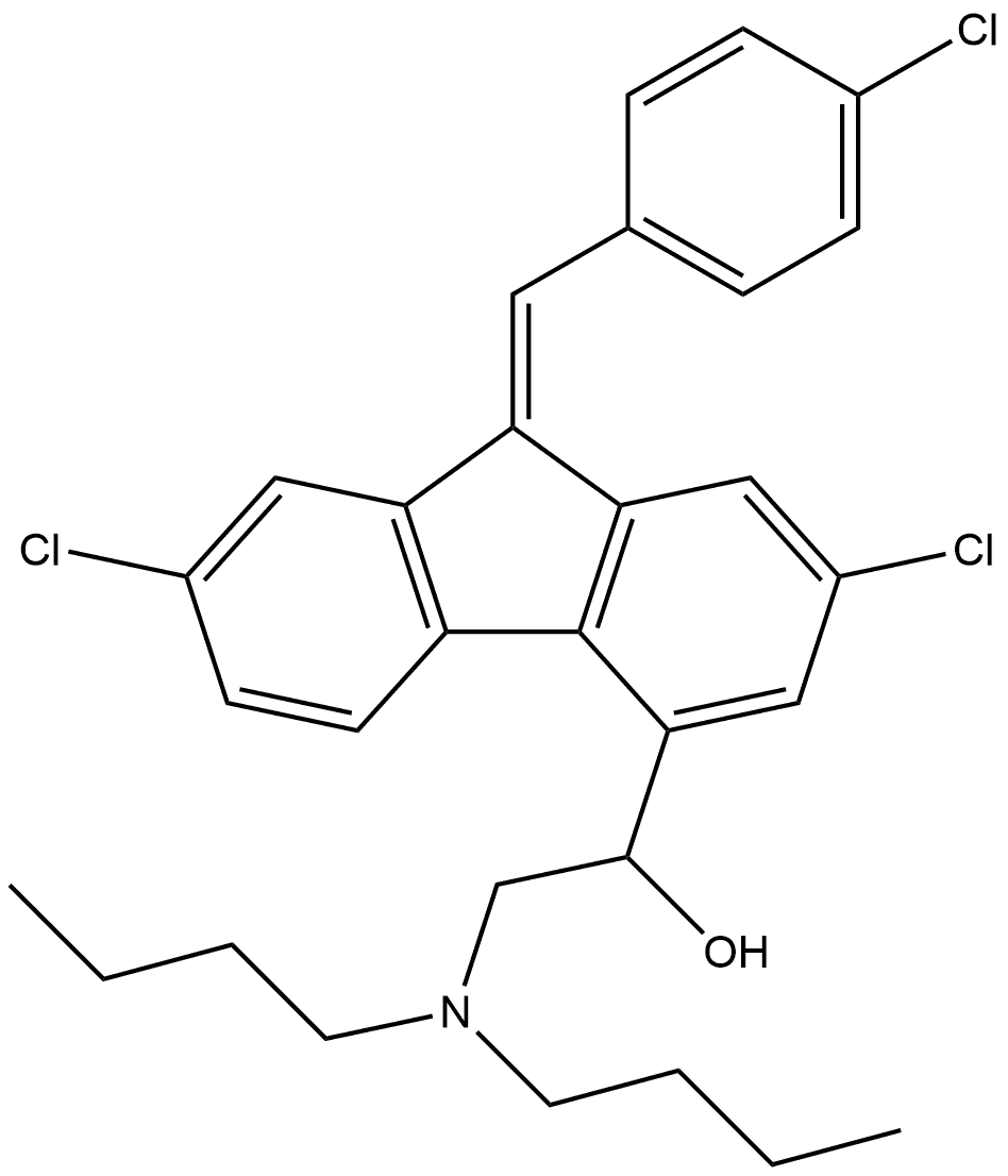 9H-Fluorene-4-methanol, 2,7-dichloro-9-[(4-chlorophenyl)methylene]-α-[(dibutylamino)methyl]-, (9Z)-(+)- Struktur