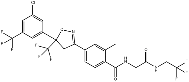 4-[5-[3-Chloro-5-(trifluoromethyl)phenyl]-4,5-dihydro-5-(trifluoromethyl)-3-isoxazolyl]-2-methyl-N-[2-oxo-2-[(2,2,2-trifluoroethyl)amino]ethyl]benzamide Struktur