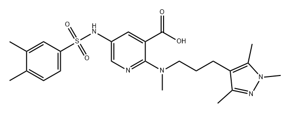 3-Pyridinecarboxylic acid, 5-[[(3,4-dimethylphenyl)sulfonyl]amino]-2-[methyl[3-(1,3,5-trimethyl-1H-pyrazol-4-yl)propyl]amino]- Struktur