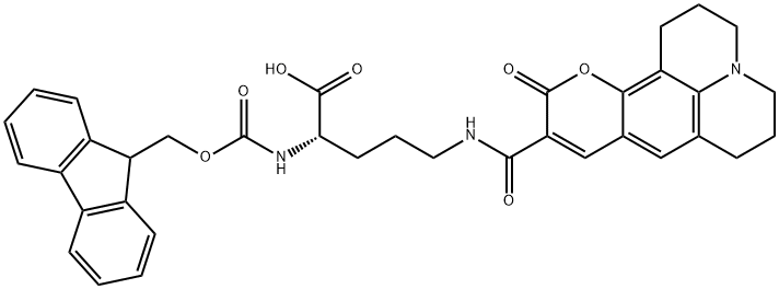 L-?Ornithine, N2-?[(9H-?fluoren-?9-?ylmethoxy)?carbonyl]?-?N5-?[(2,?3,?6,?7-?tetrahydro-?11-?oxo-?1H,?5H,?11H-?[1]?benzopyrano[6,?7,?8-?ij]?quinolizin-?10-?yl)?carbonyl]?- Struktur