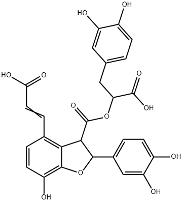 3-Benzofurancarboxylic acid, 4-(2-carboxyethenyl)-2-(3,4-dihydroxyphenyl)-2,3-dihydro-7-hydroxy-, 3-[1-carboxy-2-(3,4-dihydroxyphenyl)ethyl] ester Struktur