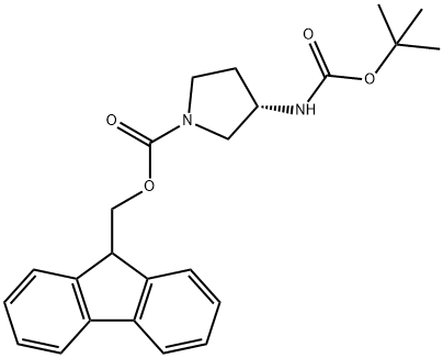 1-Pyrrolidinecarboxylic acid, 3-[[(1,1-dimethylethoxy)carbonyl]amino]-, 9H-fluoren-9-ylmethyl ester, (3S)- Struktur