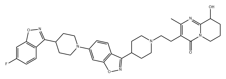 4H-Pyrido[1,2-a]pyrimidin-4-one, 3-[2-[4-[6-[4-(6-fluoro-1,2-benzisoxazol-3-yl)-1-piperidinyl]-1,2-benzisoxazol-3-yl]-1-piperidinyl]ethyl]-6,7,8,9-tetrahydro-9-hydroxy-2-methyl- Struktur