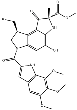 Benzo1,2-b:4,3-bdipyrrole-2-carboxylic acid, 8-(bromomethyl)-1,2,3,6,7,8-hexahydro-4-hydroxy-2-methyl-1-oxo-6-(5,6,7-trimethoxy-1H-indol-2-yl)carbonyl-, methyl ester, (2R,8S)- Struktur