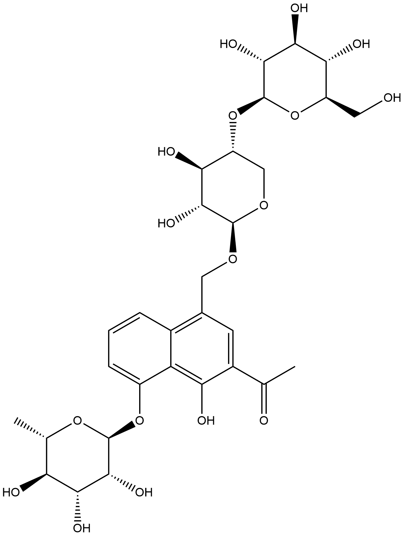 Ethanone, 1-[8-[(6-deoxy-α-L-mannopyranosyl)oxy]-4-[[(4-O-β-D-glucopyranosyl-β-D-xylopyranosyl)oxy]methyl]-1-hydroxy-2-naphthalenyl]- Struktur