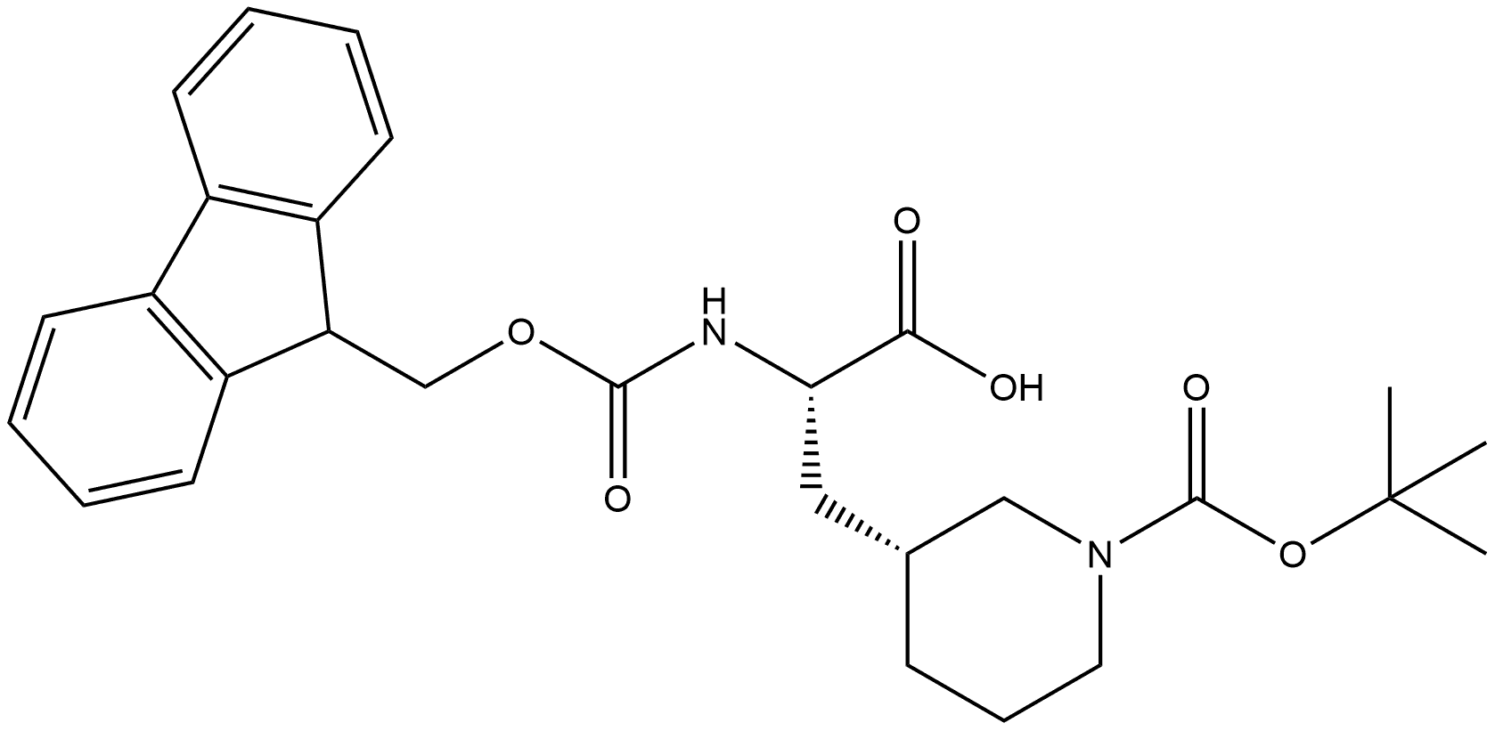 (αS,3R)-1-[(1,1-Dimethylethoxy)carbonyl]-α-[[(9H-fluoren-9-ylmethoxy)carbonyl]amino]-3-piperidinepropanoic acid Struktur