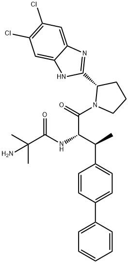 Propanamide, 2-amino-N-[(1S,2S)-2-[1,1'-biphenyl]-4-yl-1-[[(2S)-2-(5,6-dichloro-1H-benzimidazol-2-yl)-1-pyrrolidinyl]carbonyl]propyl]-2-methyl- Struktur