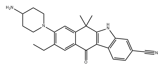 5H-Benzo[b]carbazole-3-carbonitrile, 8-(4-amino-1-piperidinyl)-9-ethyl-6,11-dihydro-6,6-dimethyl-11-oxo- Struktur