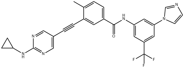 Benzamide, 3-[2-[2-(cyclopropylamino)-5-pyrimidinyl]ethynyl]-N-[3-(1H-imidazol-1-yl)-5-(trifluoromethyl)phenyl]-4-methyl- Struktur