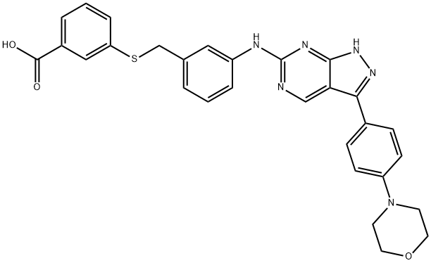 Benzoic acid, 3-[[[3-[[3-[4-(4-morpholinyl)phenyl]-1H-pyrazolo[3,4-d]pyrimidin-6-yl]amino]phenyl]methyl]thio]- Struktur