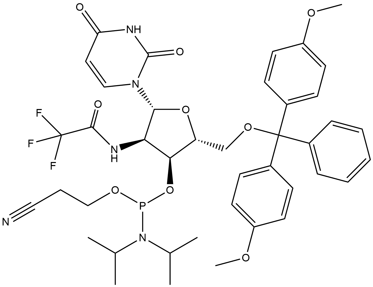 2’-Deoxy-2’-(N-trifluoroacetyl)amino-5’-O-DMTr-uridine 3’-CED phosphoramidite Struktur