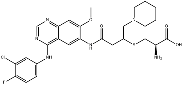 L-Cysteine, S-[3-[[4-[(3-chloro-4-fluorophenyl)amino]-7-methoxy-6-quinazolinyl]amino]-3-oxo-1-(1-piperidinylmethyl)propyl]- Struktur