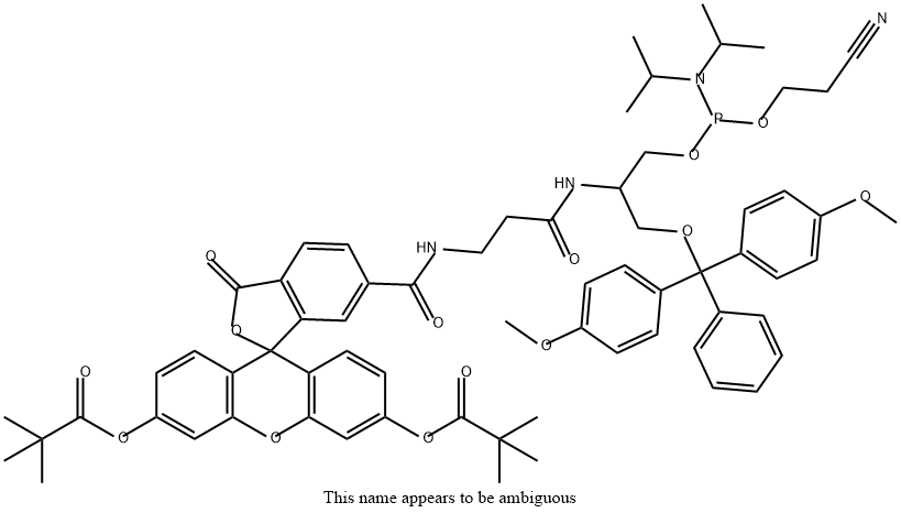 3-Dimethoxytrityloxy-2-(3-(6-carboxy-(di-O-pivaloyl-fluorescein)propanamido)propyl)-1-O-(2-cyanoethyl)-(N,N-diisopropyl)-phosphoramidite Struktur