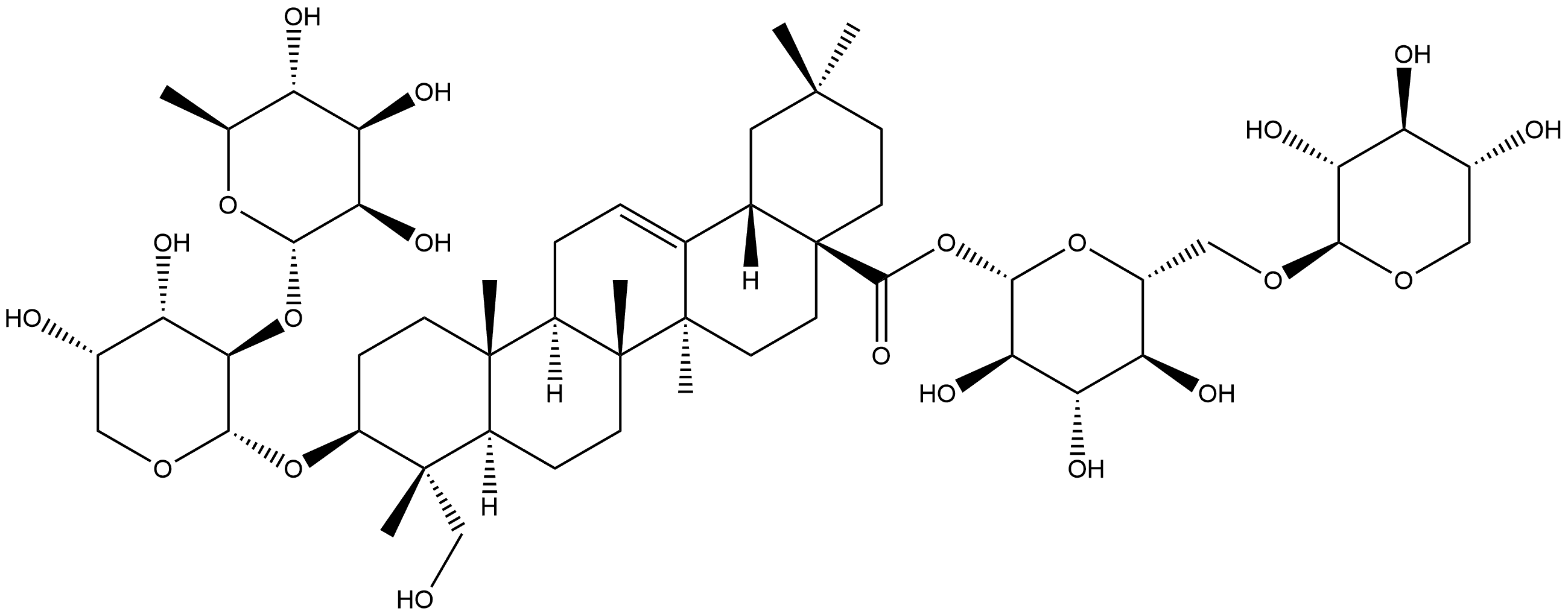 Olean-12-en-28-oic acid, 3-[[2-O-(6-deoxy-α-L-mannopyranosyl)-α-L-arabinopyranosyl]oxy]-23-hydroxy-, 6-O-β-D-xylopyranosyl-β-D-glucopyranosyl ester, (3β,4α)- Struktur