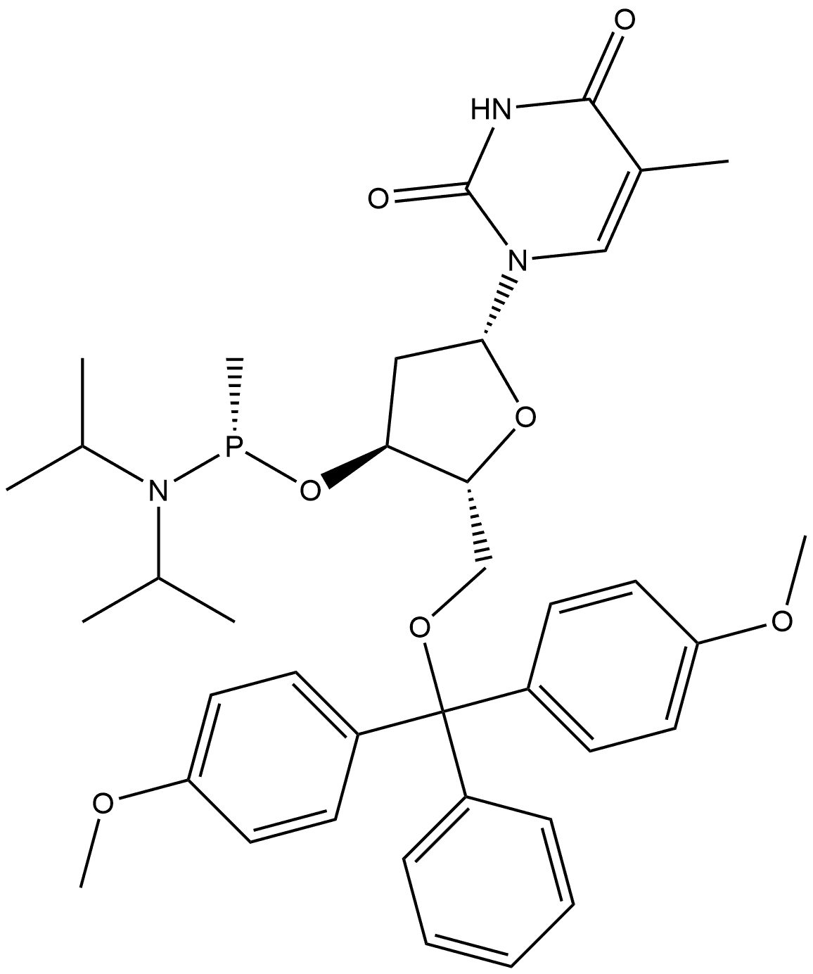 Thymidine, 5'-O-[bis(4-methoxyphenyl)phenylmethyl]-, 3'-[P-methyl-N,N-bis(1-methylethyl)phosphonamidite], (S)- (9CI) Struktur