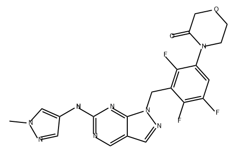 3-Morpholinone, 4-[2,4,5-trifluoro-3-[[6-[(1-methyl-1H-pyrazol-4-yl)amino]-1H-pyrazolo[3,4-d]pyrimidin-1-yl]methyl]phenyl]- Struktur