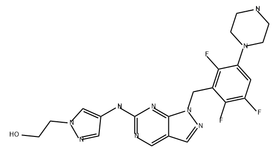 1H-Pyrazole-1-ethanol, 4-[[1-[[2,3,6-trifluoro-5-(1-piperazinyl)phenyl]methyl]-1H-pyrazolo[3,4-d]pyrimidin-6-yl]amino]- Struktur