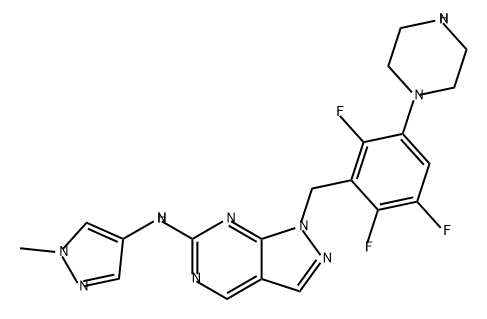 1H-Pyrazolo[3,4-d]pyrimidin-6-amine, N-(1-methyl-1H-pyrazol-4-yl)-1-[[2,3,6-trifluoro-5-(1-piperazinyl)phenyl]methyl]- Struktur