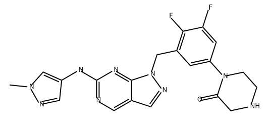 2-Piperazinone, 1-[3,4-difluoro-5-[[6-[(1-methyl-1H-pyrazol-4-yl)amino]-1H-pyrazolo[3,4-d]pyrimidin-1-yl]methyl]phenyl]- Struktur