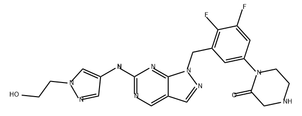 2-Piperazinone, 1-[3,4-difluoro-5-[[6-[[1-(2-hydroxyethyl)-1H-pyrazol-4-yl]amino]-1H-pyrazolo[3,4-d]pyrimidin-1-yl]methyl]phenyl]- Struktur